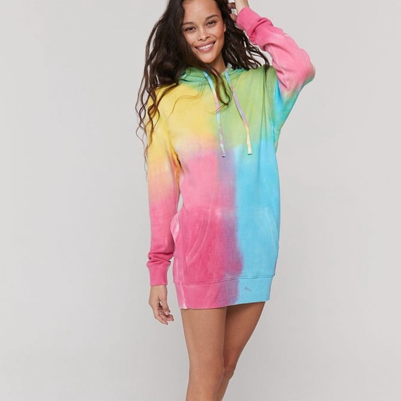 PINK Victoria's Secret Dresses & Skirts - PINK Victoria’s Secret Rainbow Tie Dye Hoodie Pullover Sweatshirt Dress Medium